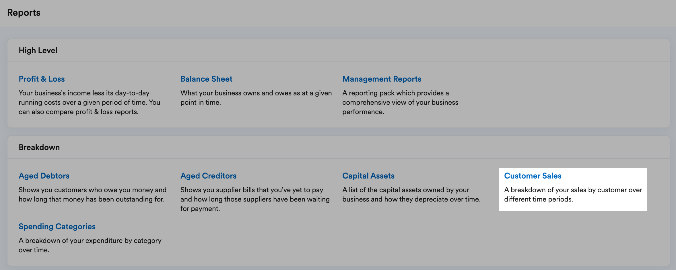 'Customer Sales' highlighted in Breakdown section of Reports page.