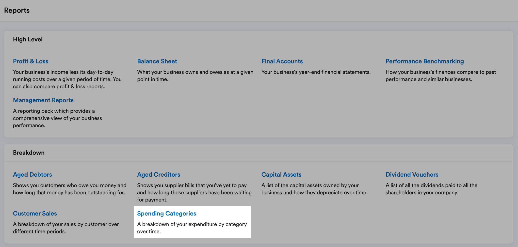 'Spending Categories' highlighted in Breakdown section of Reports page.