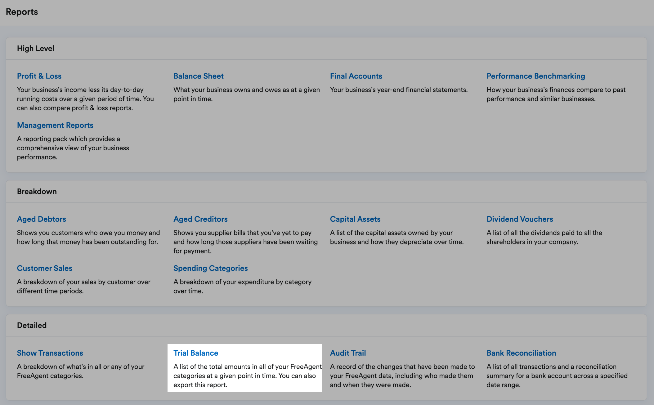 'Trial Balance' highlighted in the Detailed section of the Reports page.