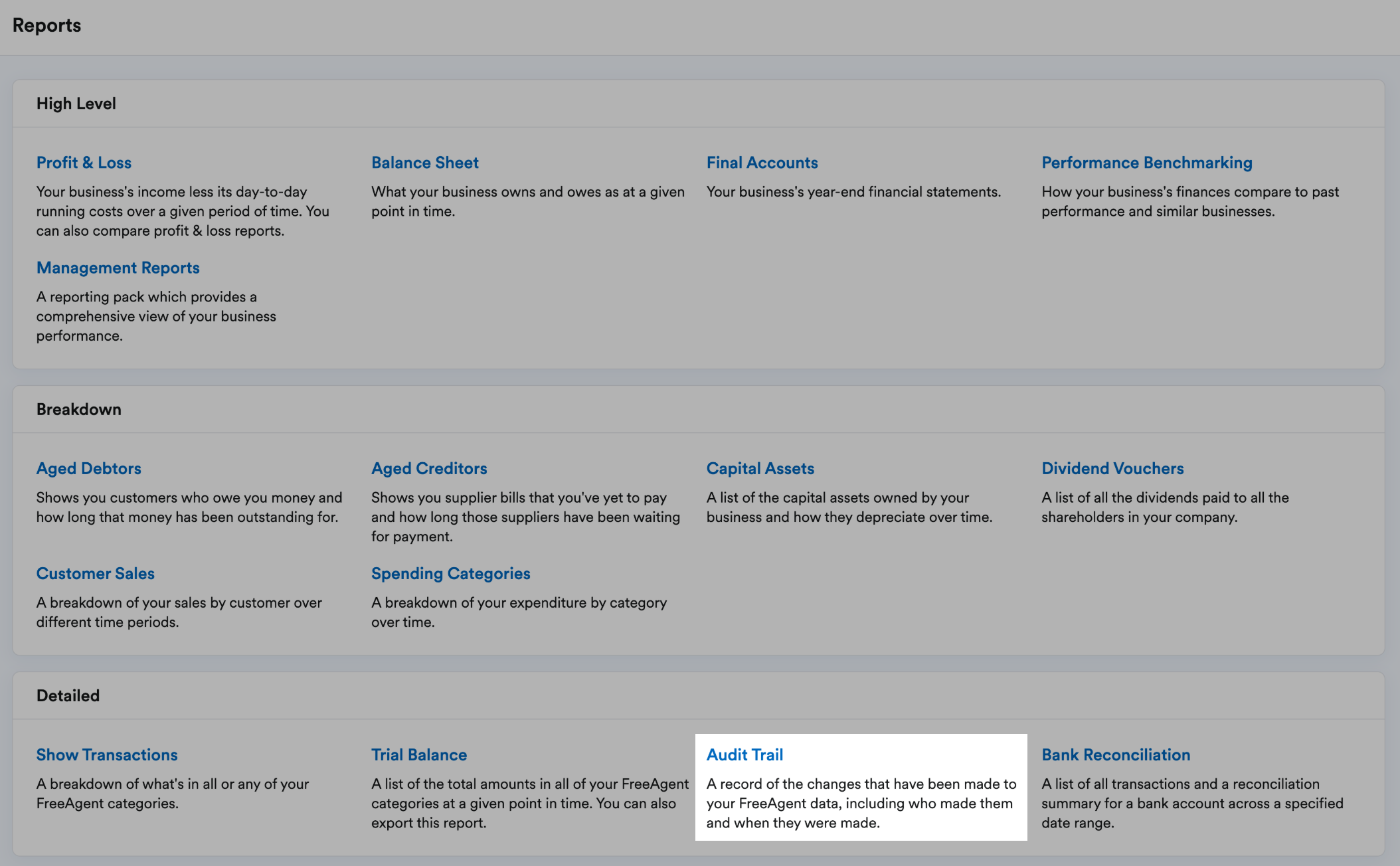 'Audit Trail' highlighted in Detailed section on Reports page.