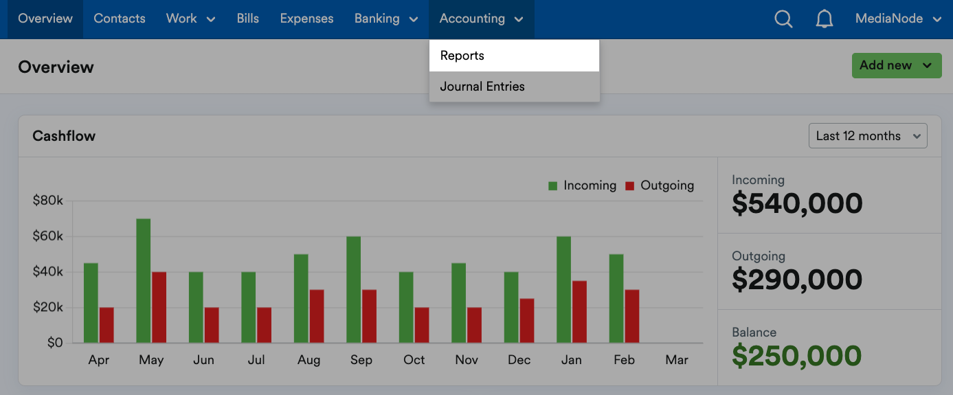 Reports highlighted on Accounting drop down menu.
