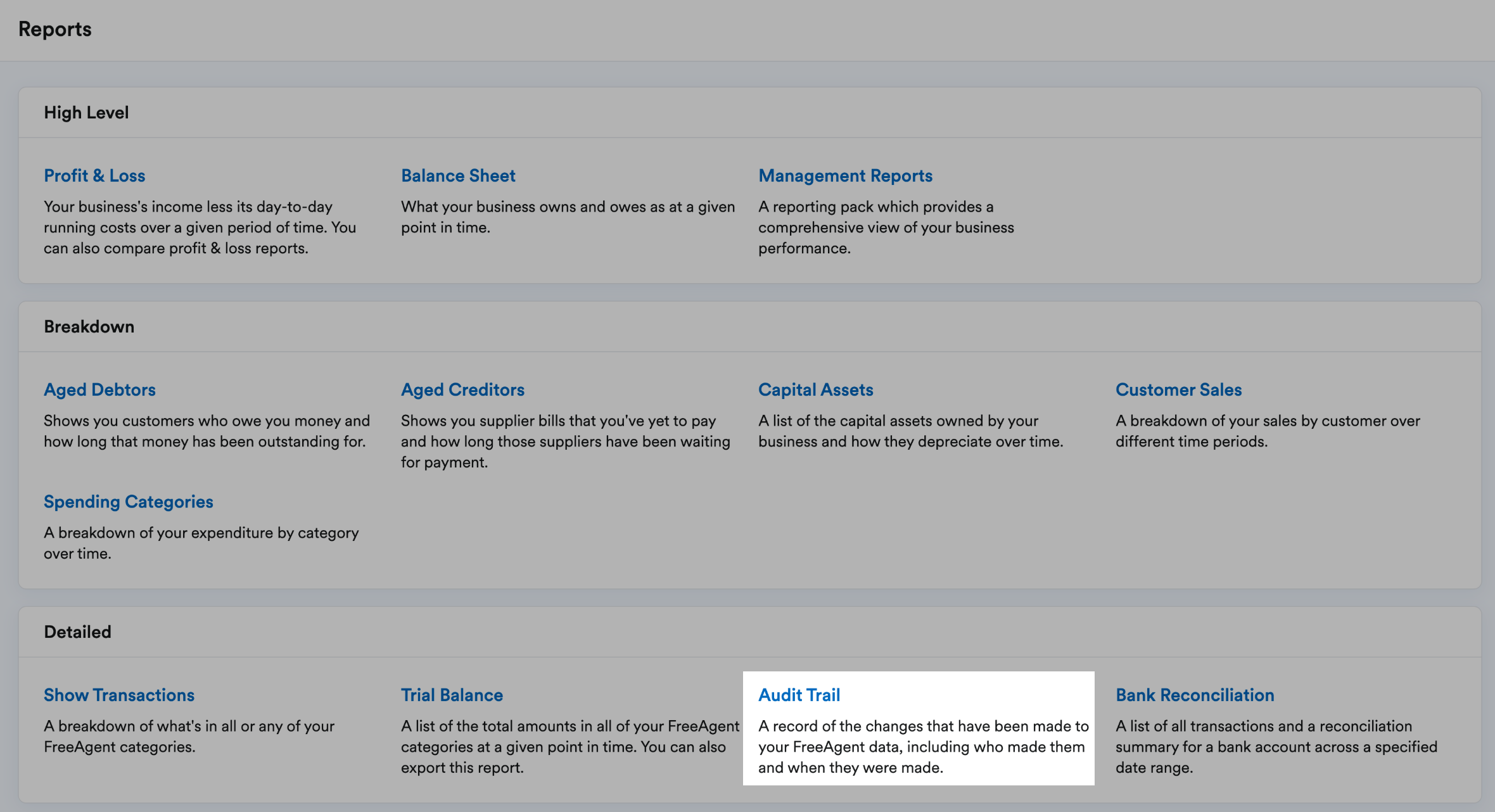 'Audit Trail' highlighted in Detailed section of Reports page.