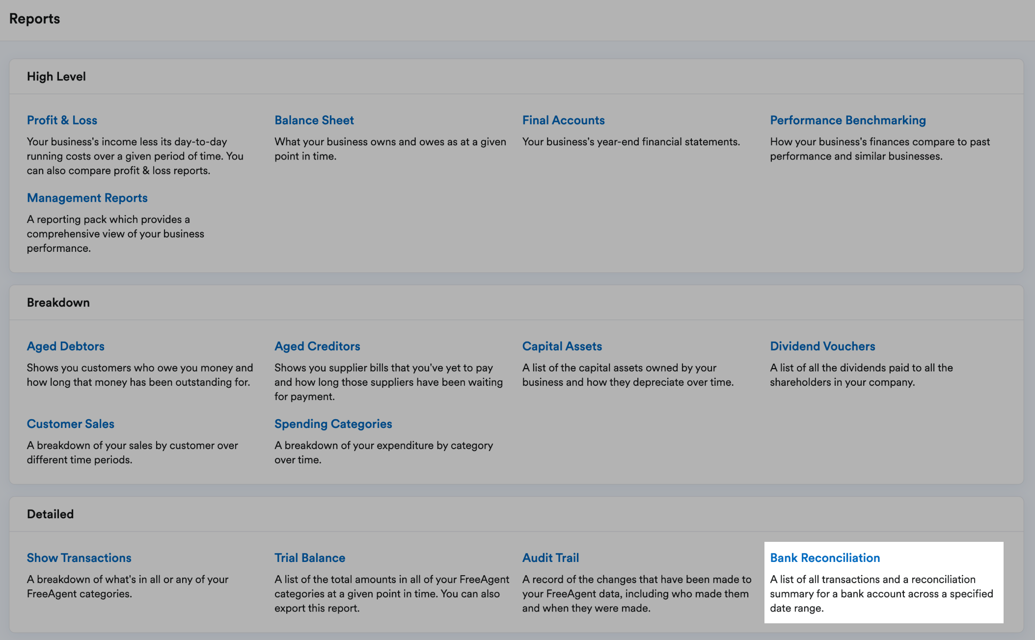 'Bank Reconciliation' highlighted in Detailed section of Reports page.