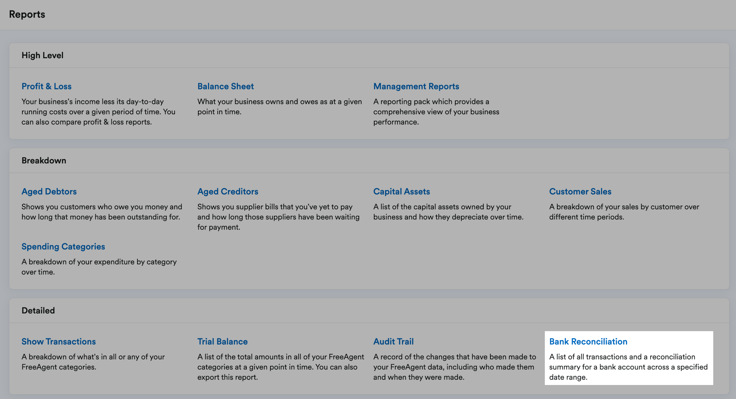 'Bank Reconciliation' highlighted in Detailed section of Reports page.