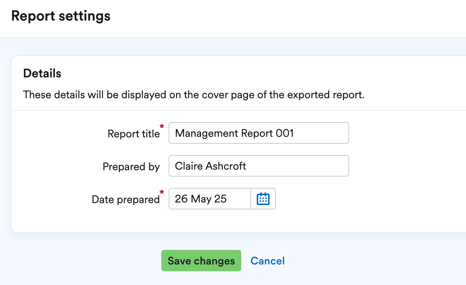 Report settings area with details to add a front cover