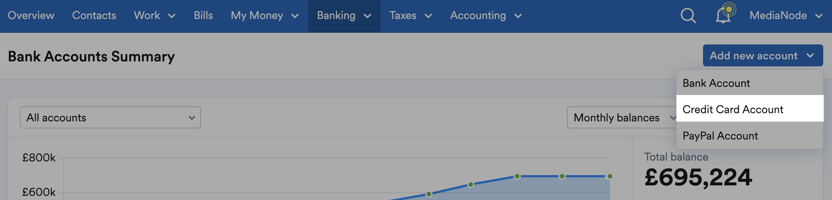 Credit Card Account option highlighted from add new account drop-down menu