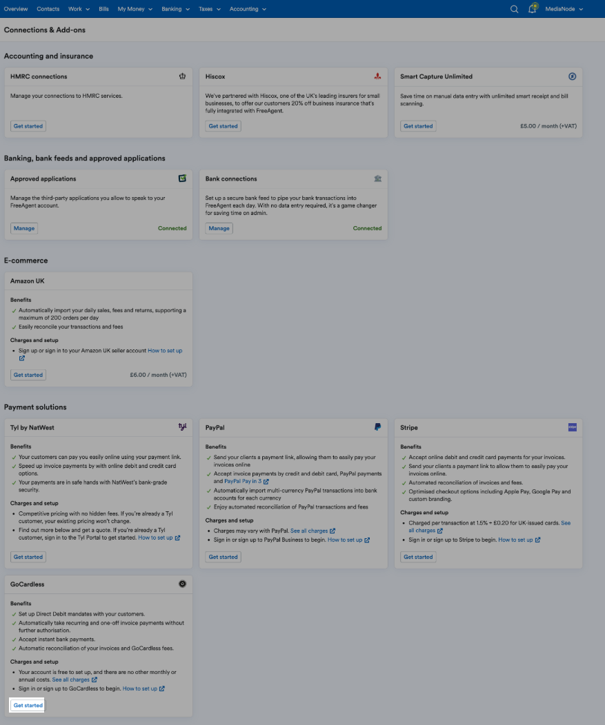 Connections & Add-ons area with Get Started button highlighted for GoCardless