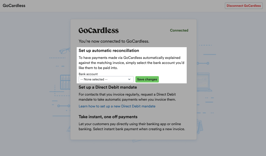 Section to 'Set up automatic reconciliation' on GoCardless page.