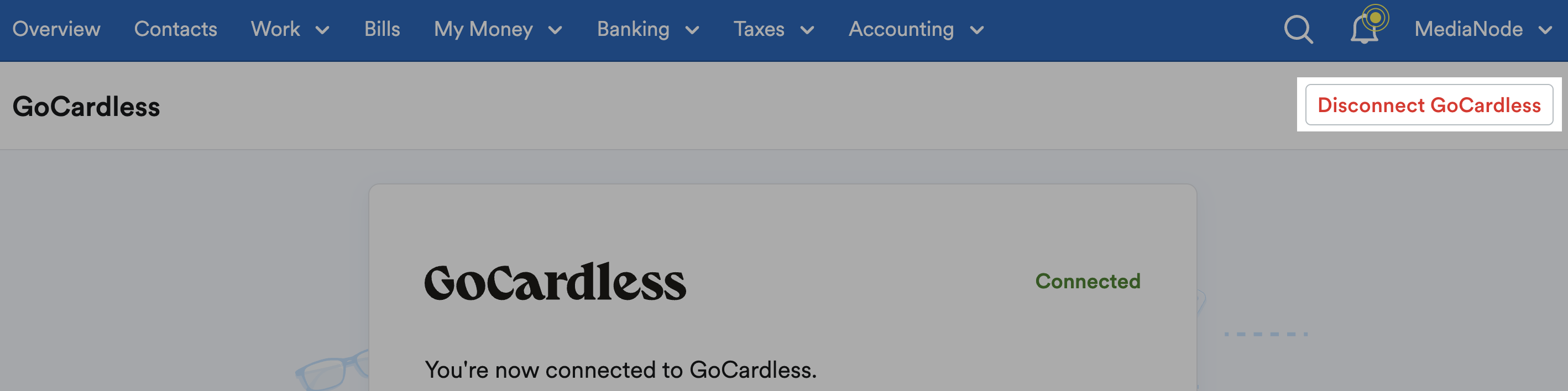Button to disconnect GoCardless highlighted