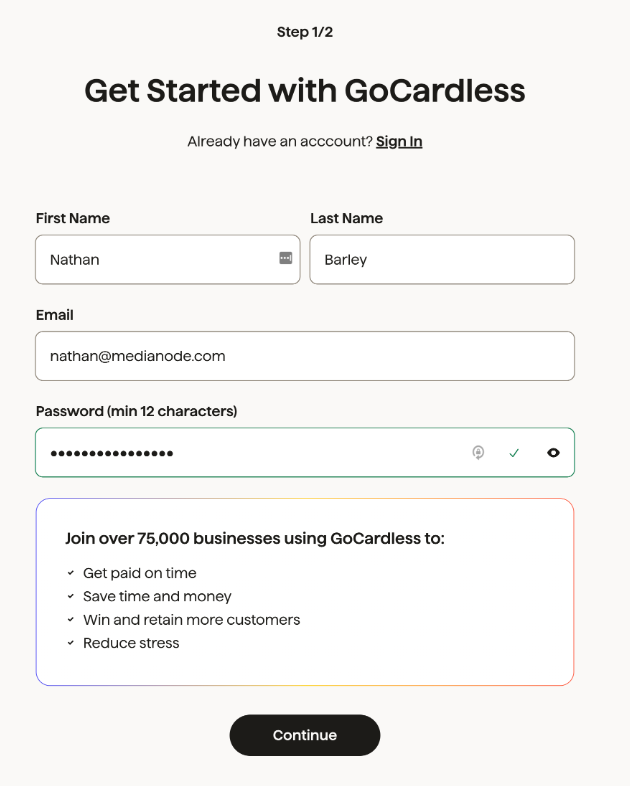 GoCardless sign in screen.