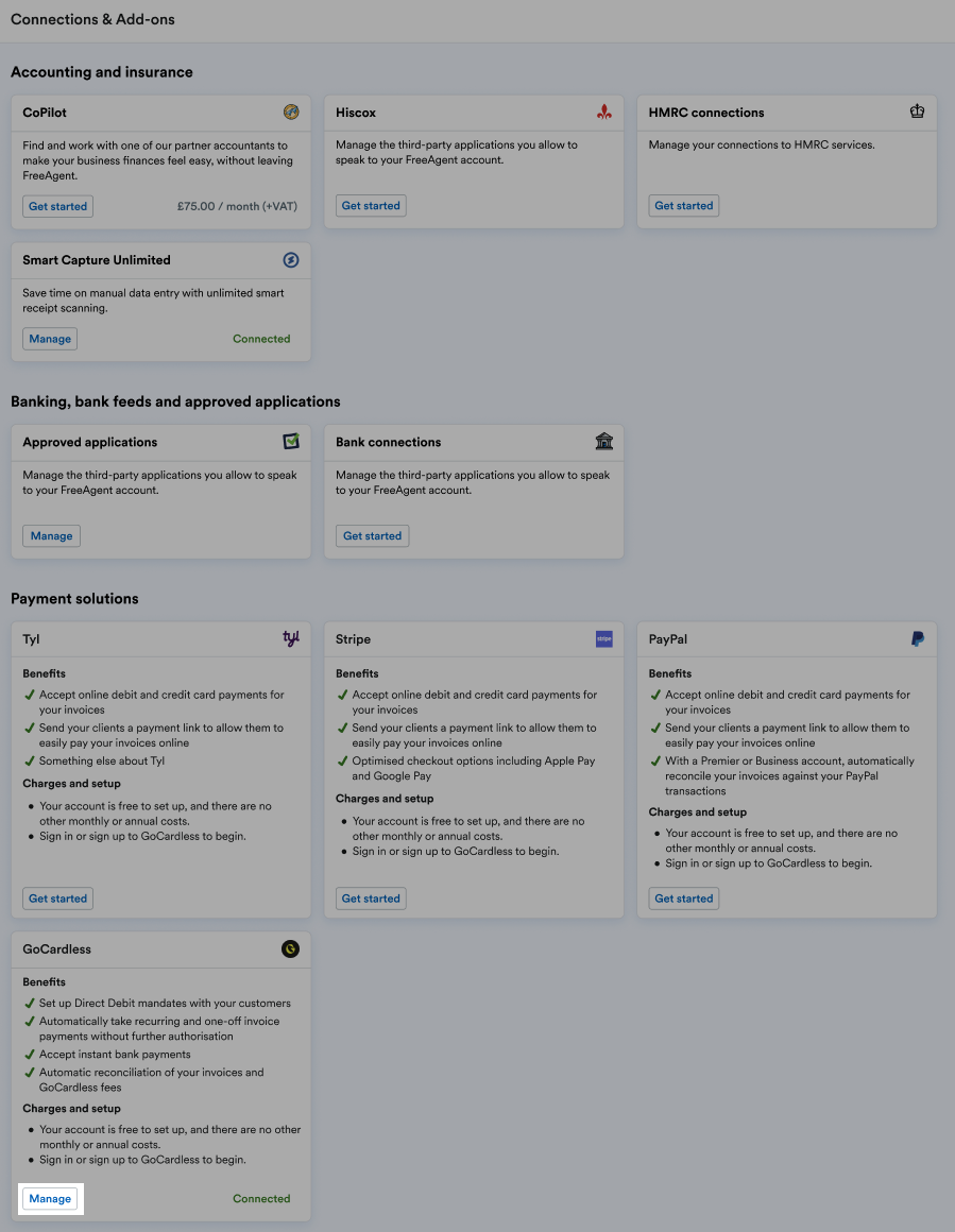 'Manage' button highlighted in GoCardless section.