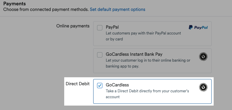 payments section of invoice form with GoCardless option ticked