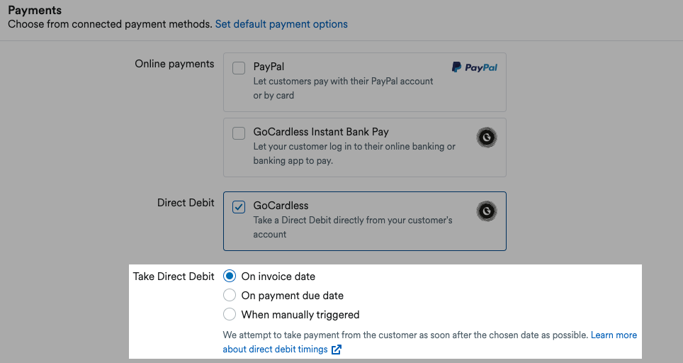 Options to select taking direct debit 'On Invoice Date', 'On payment due date', or 'When manually triggered'.