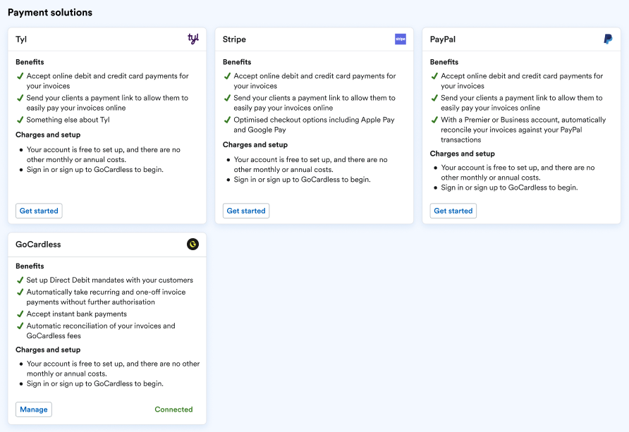 Payment solutions section listing Tyl, Stripe, PayPal and GoCardless as options.