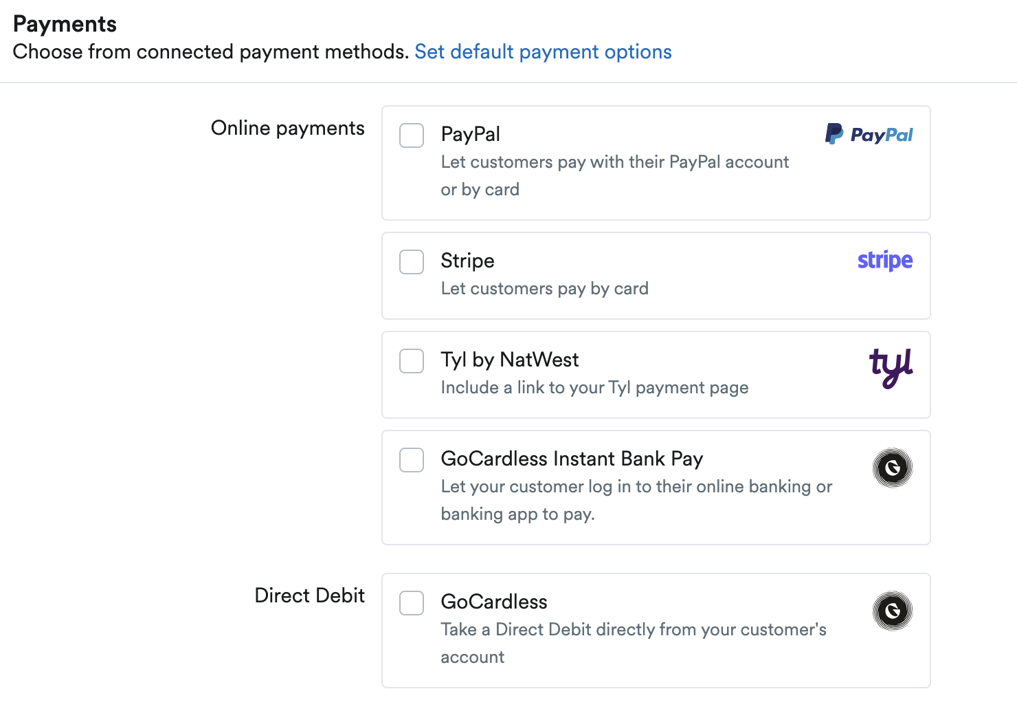 Payments section in creating a new invoice with PayPal, Stripe, Tyl, GoCardless instant and GoCardless direct debit listed as options.