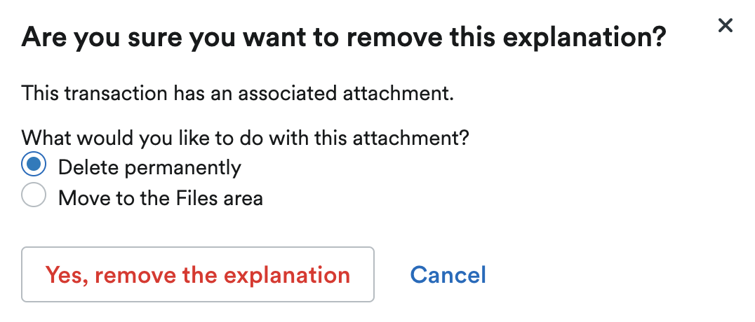 Options for attachment to file to 'Delete permanently' or 'Move to the Files area'.