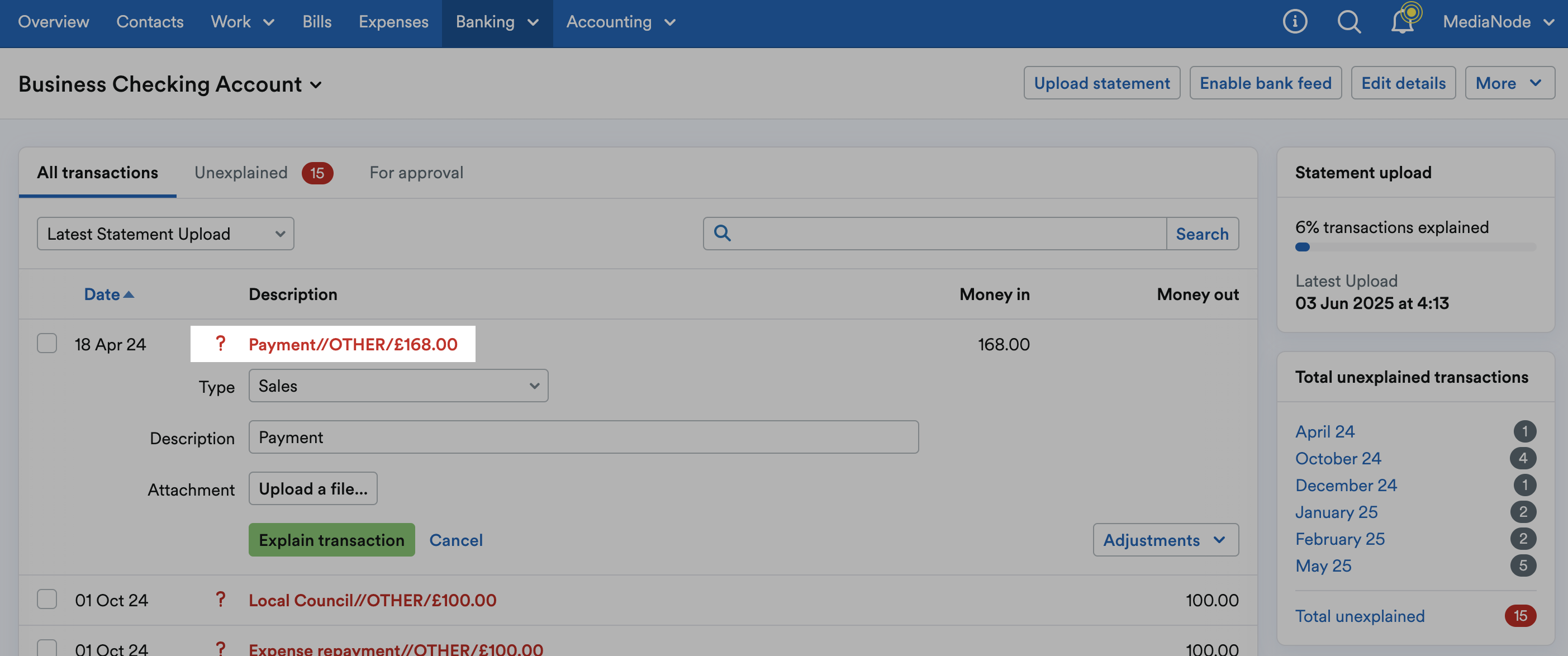 Transaction showing as unexplained.