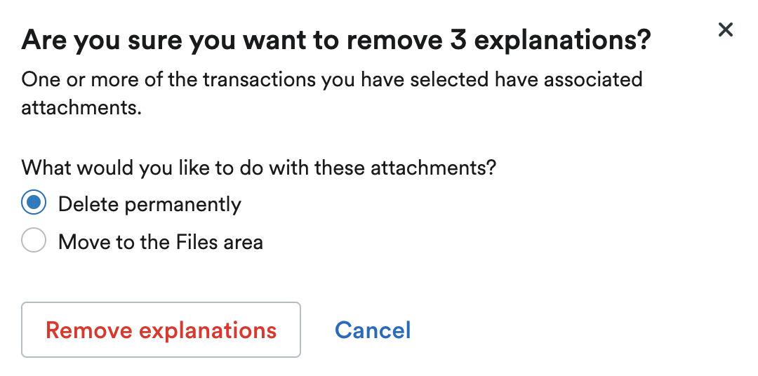 Options for attachment to file to 'Delete permanently' or 'Move to the Files area'.