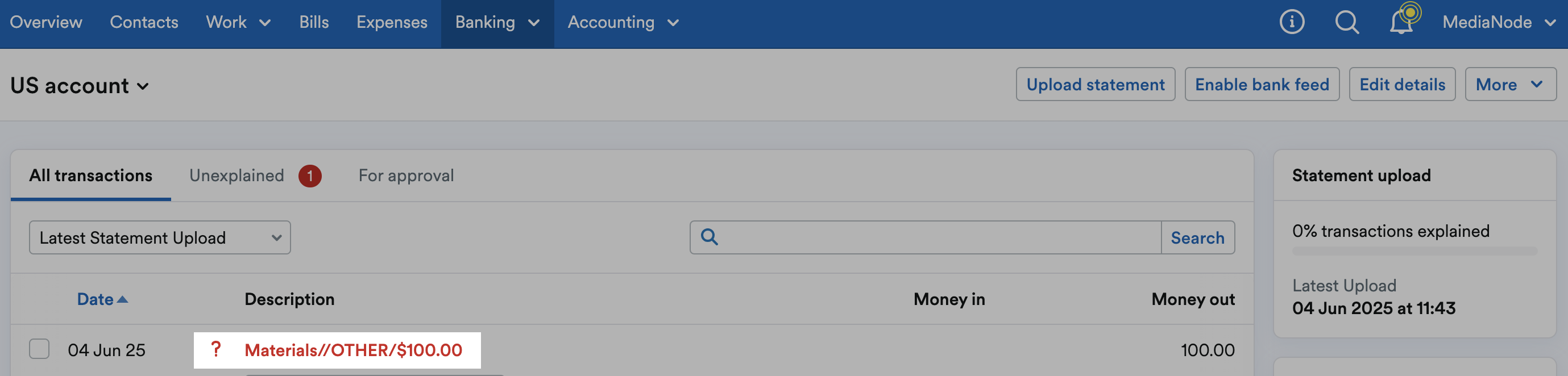 Unexplained transaction highlighted on transaction list on Account page.