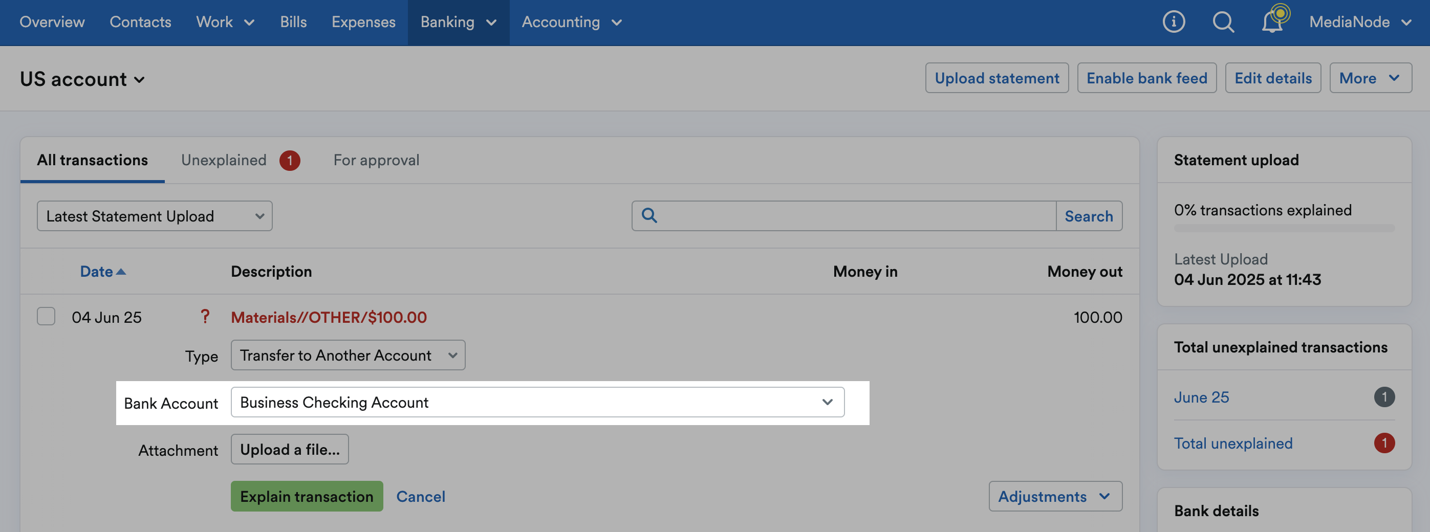 Bank Account selected from drop down menu.