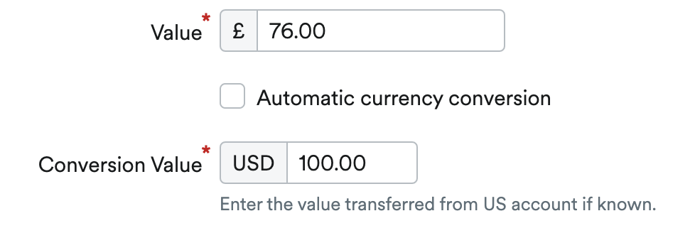 Checkbox for 'Automatic currency conversion' unticked.