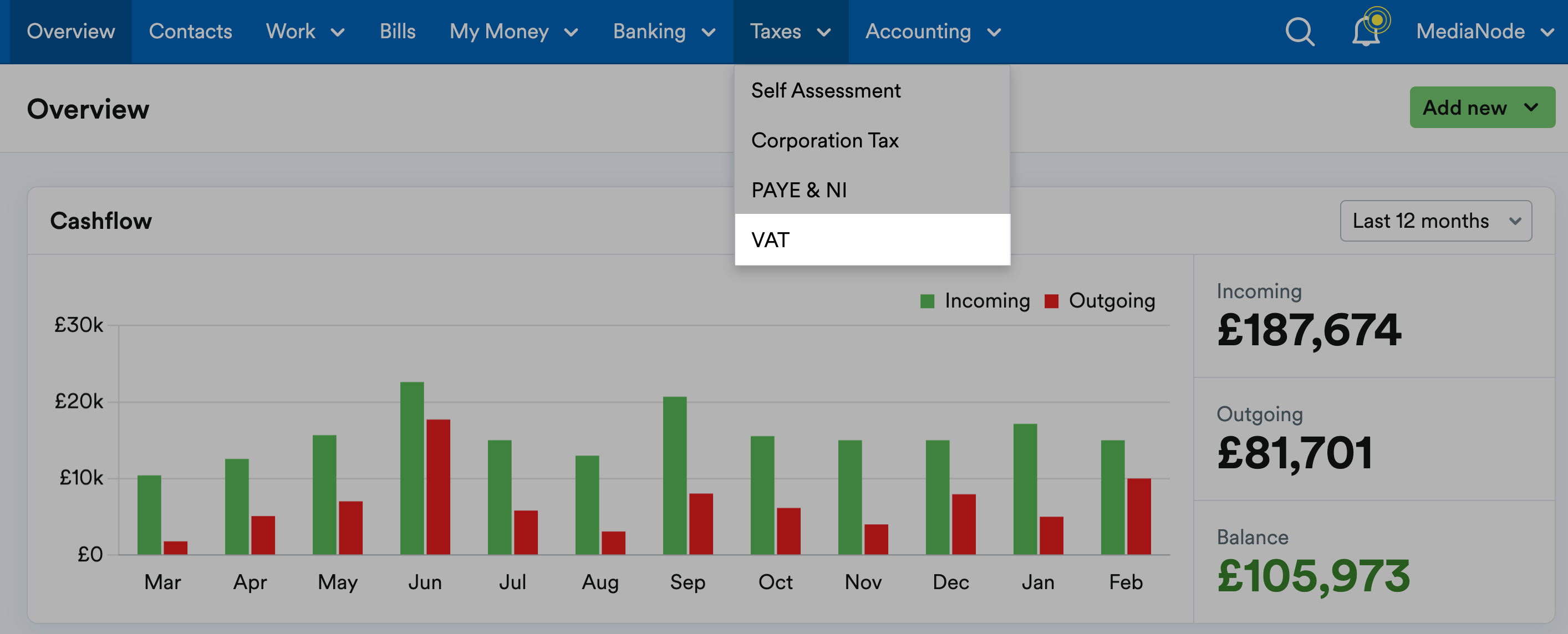 VAT highlighted from the Taxes drop-down menu