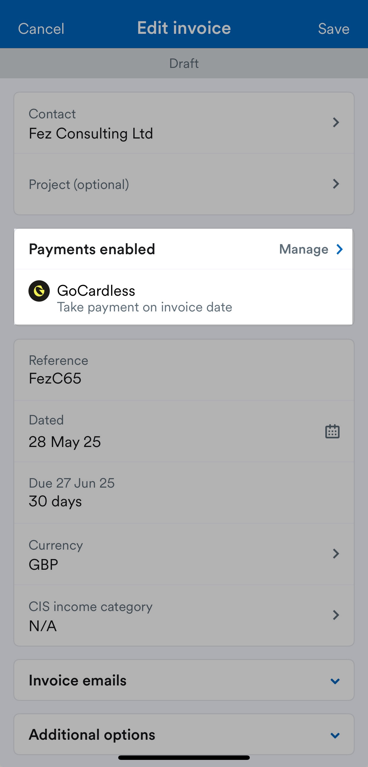 'Payments enabled' section with 'Manage' button highlighted.