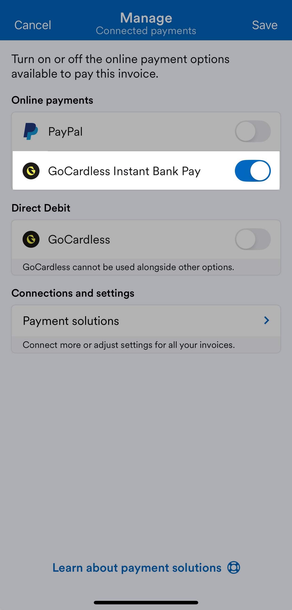 'GoCardless Instant Bank Pay toggled on.