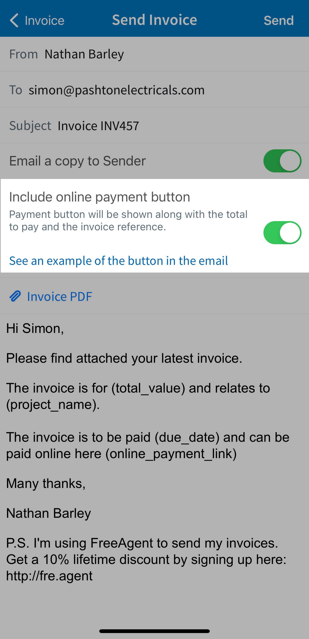 Option to 'Include online payment button' toggled on.