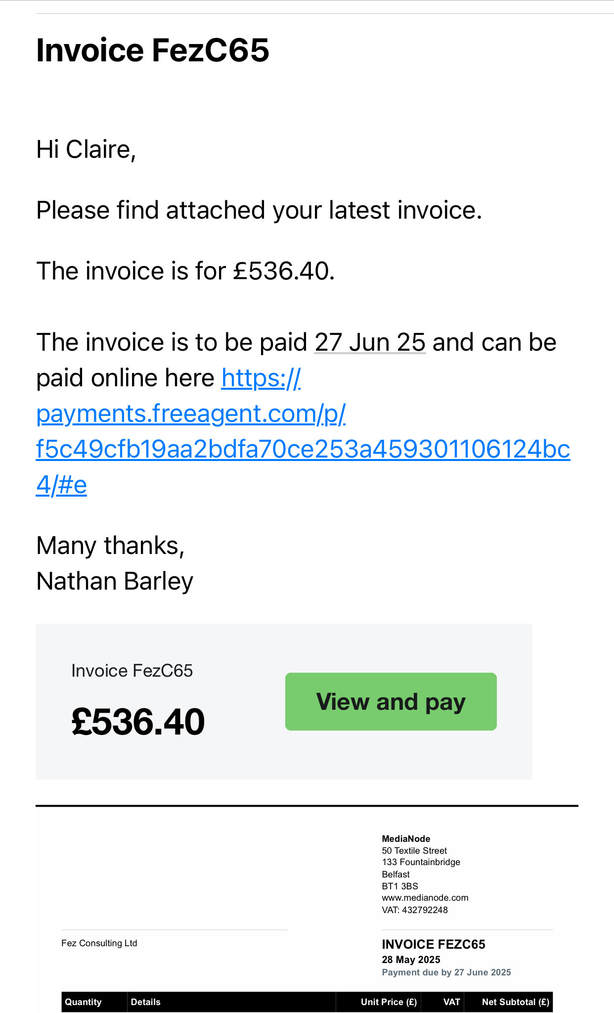 Example invoice with button to 'View and pay'.