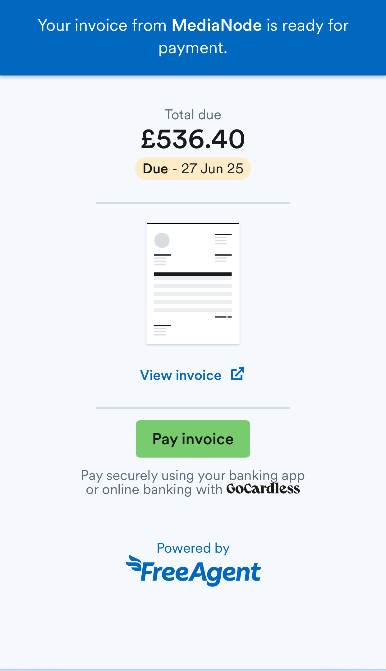 Payment portal with button to 'Pay invoice'.