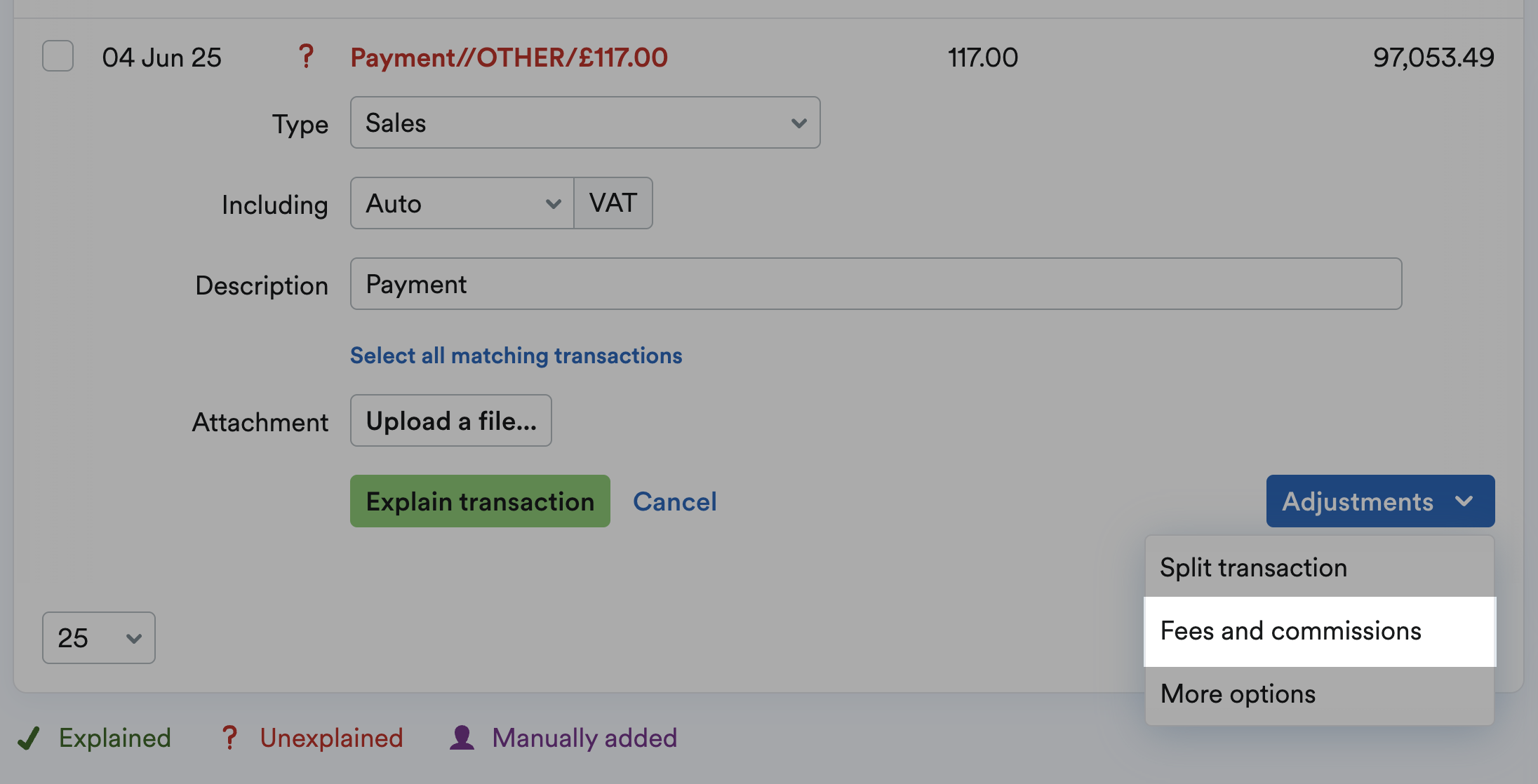 Adjustments drop-down menu with fees and commissions highlighted