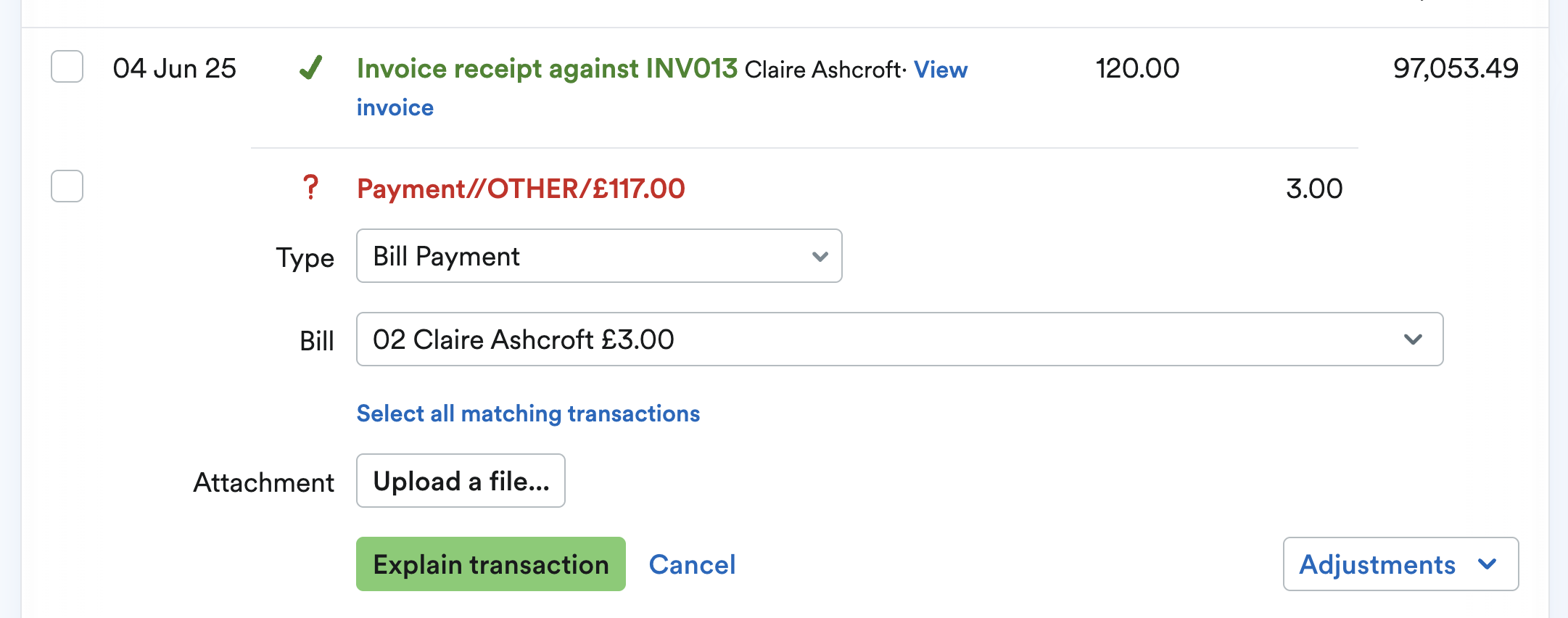 Remaining amount being explained as a bill payment