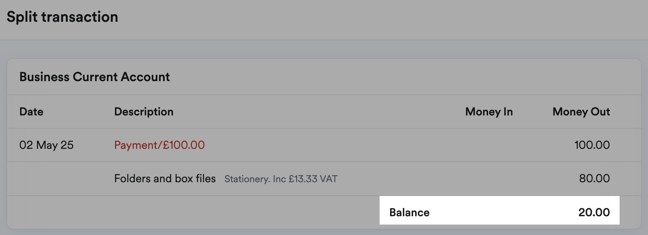 Remaining amount of bank transaction needing explained highlighted