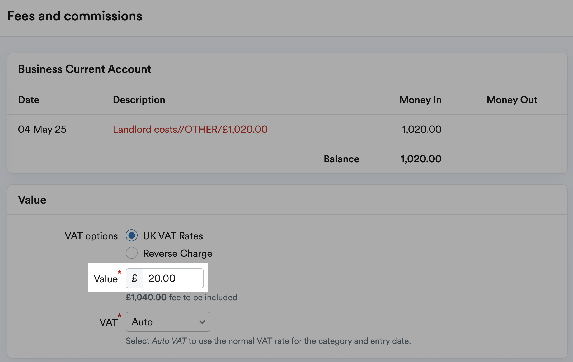 £20 entered as Value of fees.