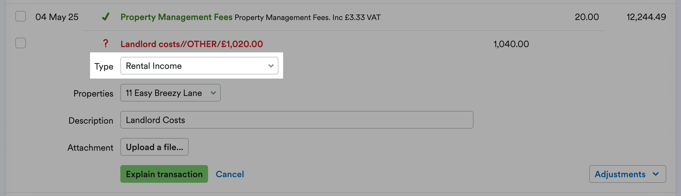 Type drop down menu highlighted with rental income selected