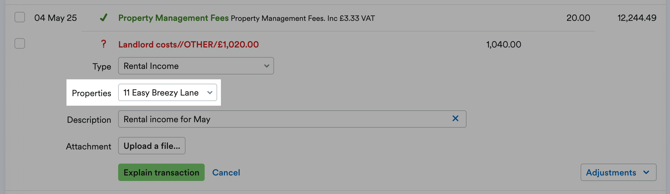 properties drop-down menu highlighted