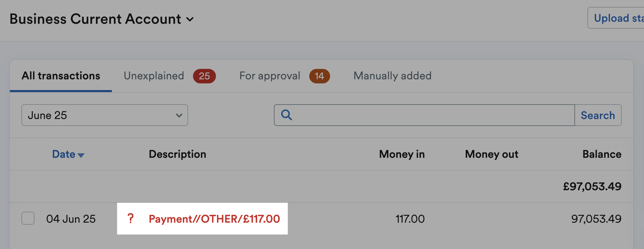 Bank transaction description highlighted
