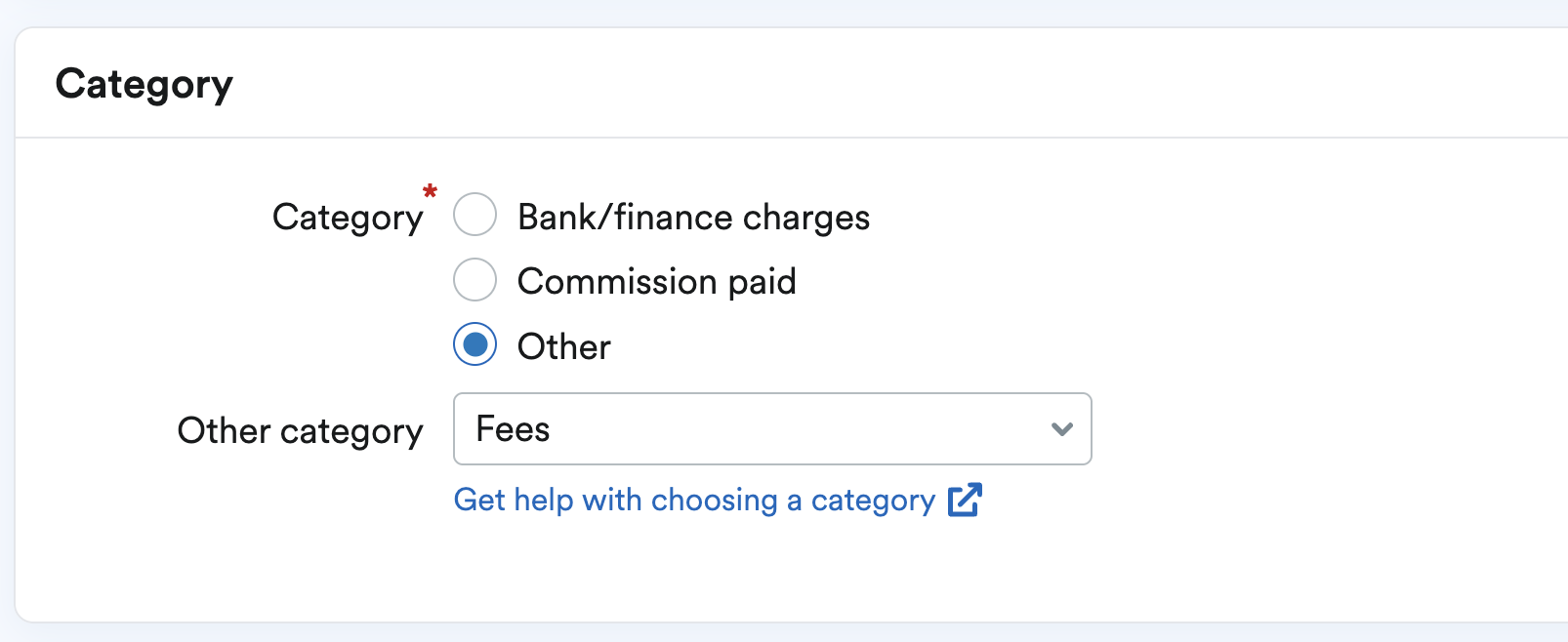 Other category being selected to display the drop-down menu to choose a custom category