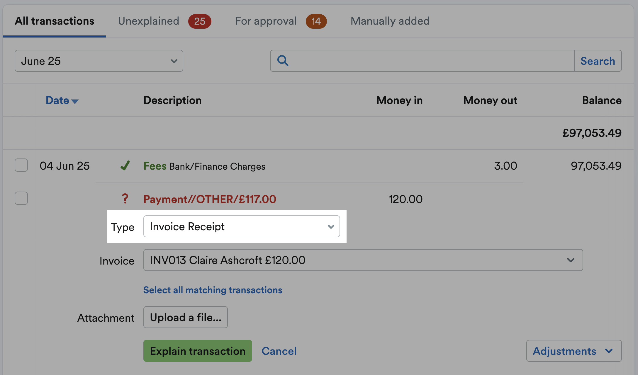 Type drop-down menu of remaining amount set as invoice receipt and highlighted