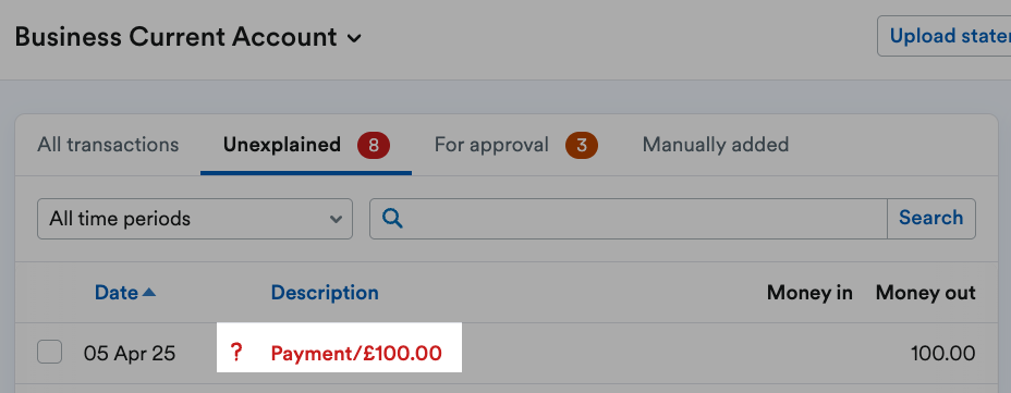 Bank transaction description highlighted
