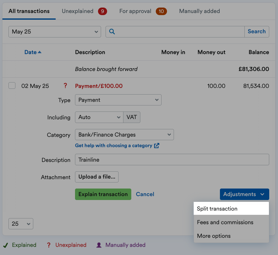 Split transaction highlighted from the Adjustments drop-down menu