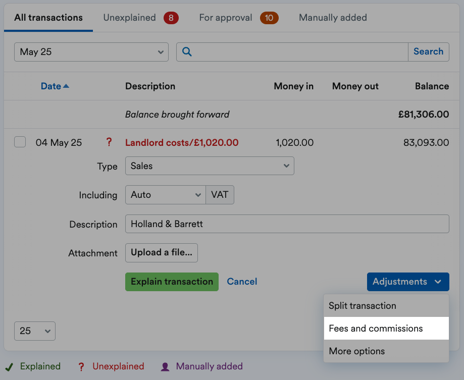 Fees and commissions highlighted from the Adjustments drop-down menu