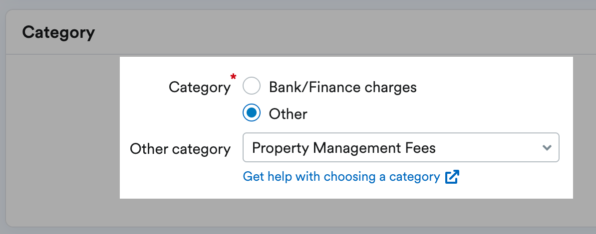 Other being selected from the category options and Property Management Fees being selected from the drop-down menu