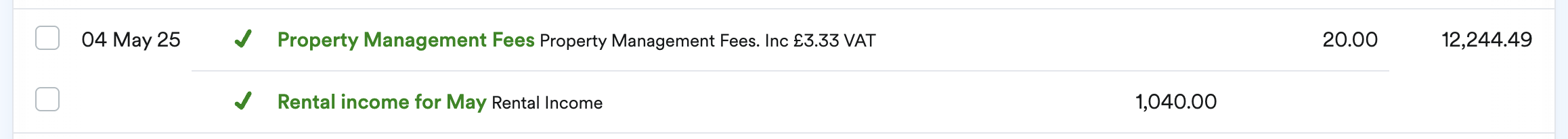 Bank transaction split between the fees and rental income
