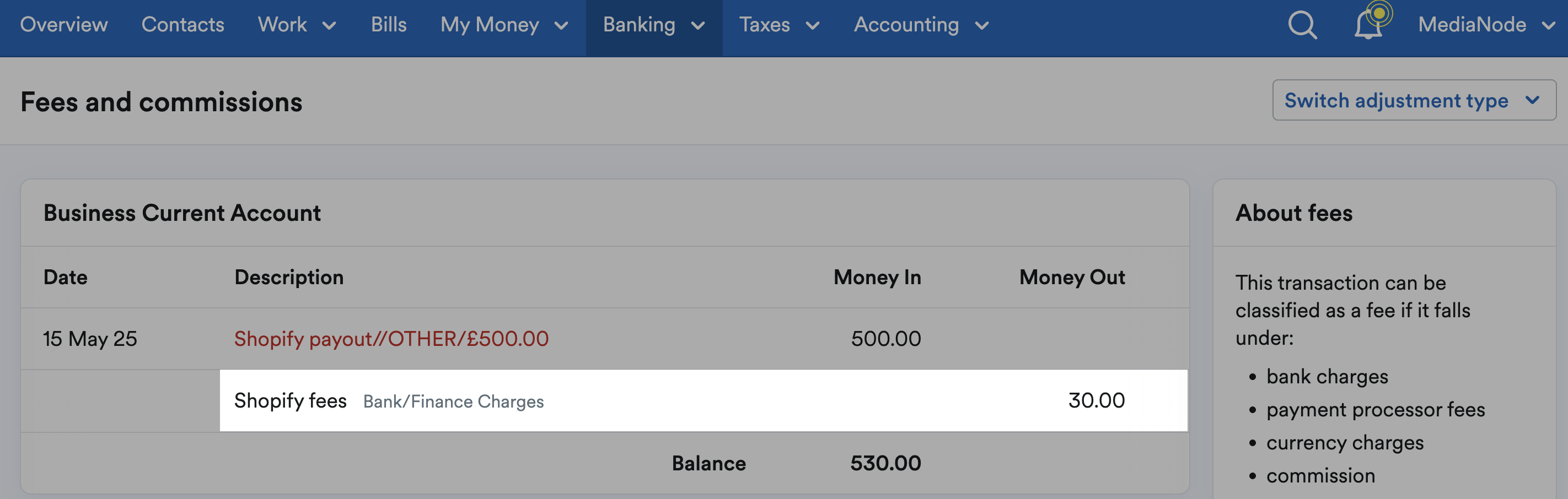 £30 fees added to the transaction total highlighted