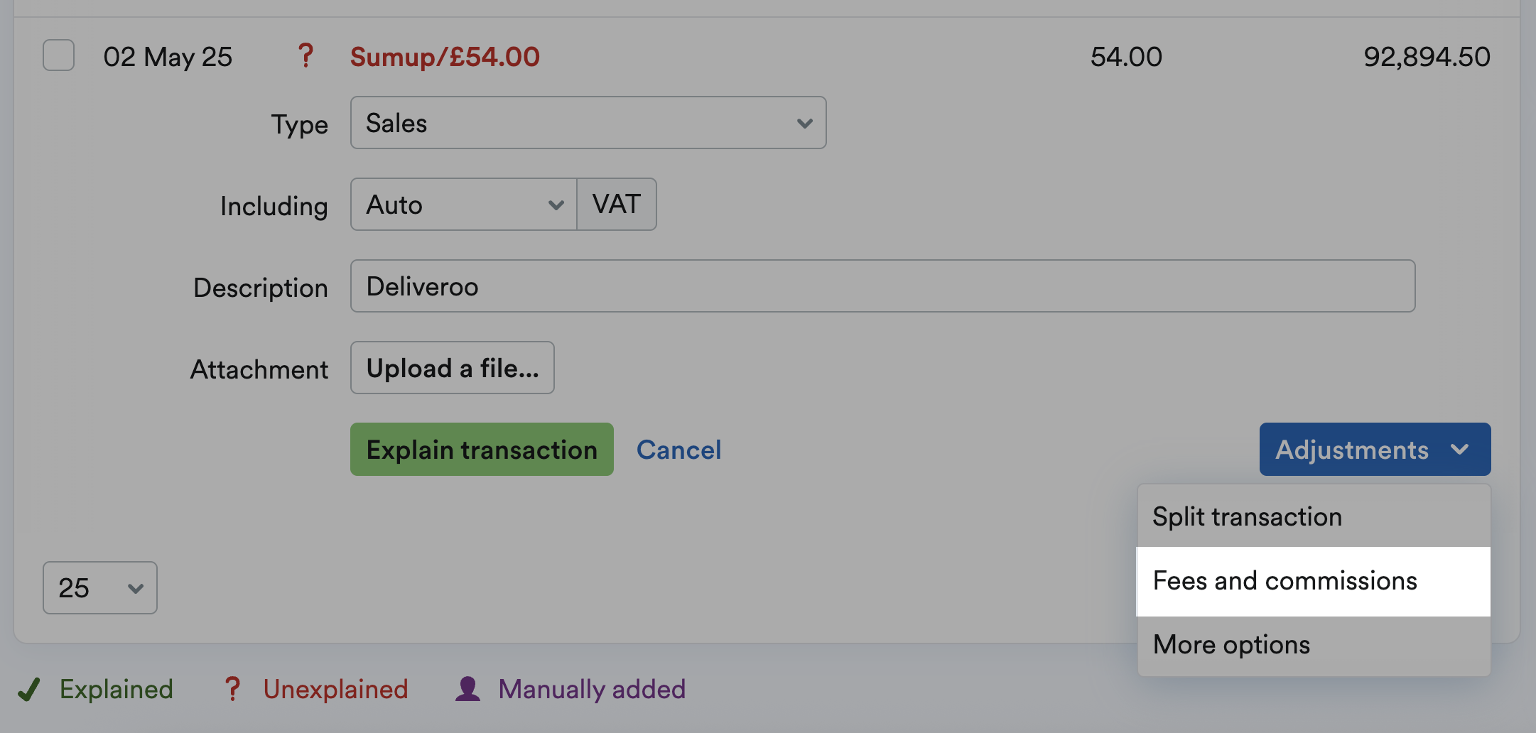 Fees and commissions highlighted from the Adjustments drop-down menu on a bank transaction