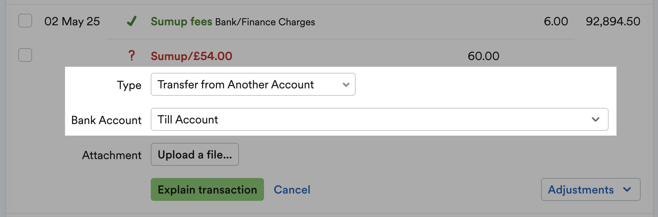 Bank transaction being explained as a transfer from the Till Account