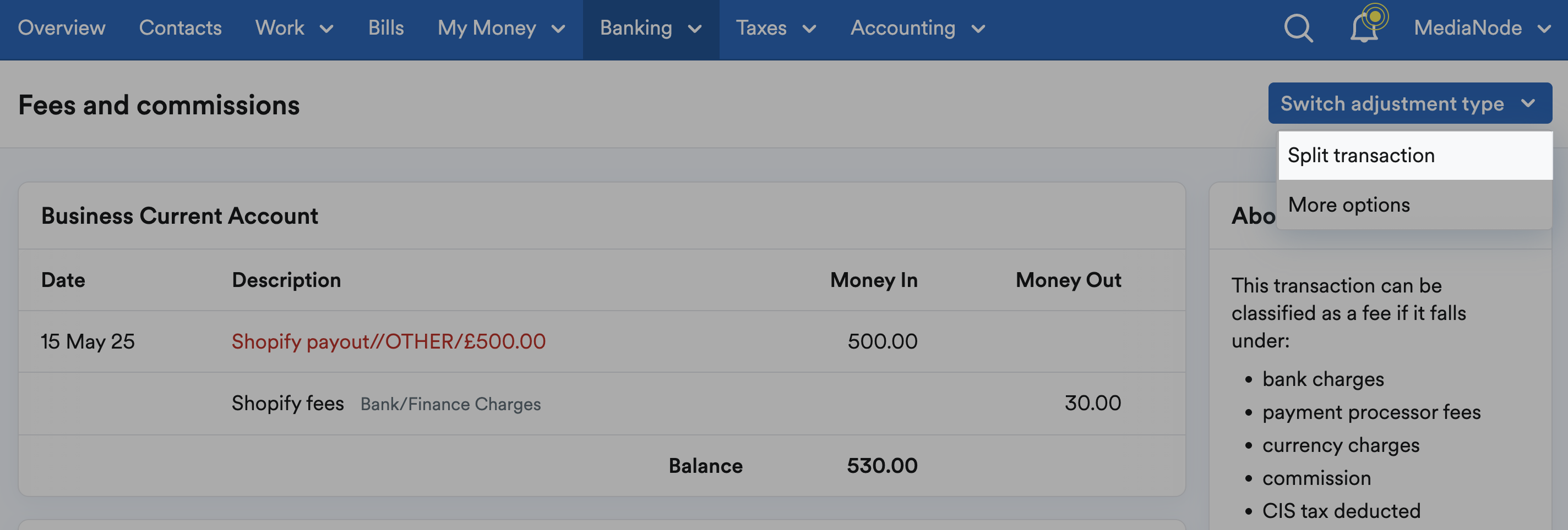 Split transaction highlighted from the Switch adjustment type drop-down menu
