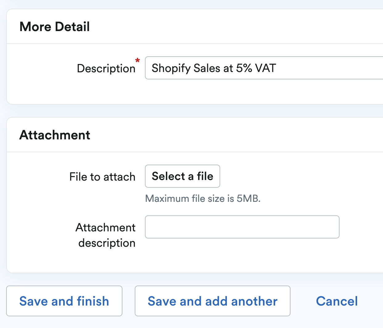 Description field and save and add another button at the bottom of the screen